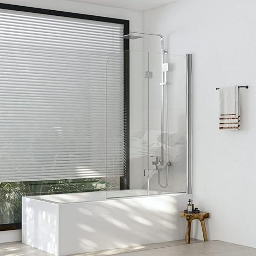 Duschwand für Badewanne 110x140cm 2-teilig Faltbar badewannenaufsatz Duschabtrennung, Duschtrennwand mit 5mm Nano EGS Sicherheitsglas, Silber Zweiteilige Badewannenfaltwand Faltwand Duschtrennwand von Goezes