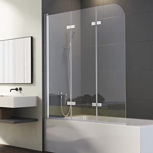 Duschwand für Badewanne 120x140cm 3-teilig Faltbar Duschtrennwand, Dreiteiliges Falttür Wannenfaltwand Duschabtrennung mit 6mm Nano EGS Sicherheitsglas, Badewannenwand Faltwand Glastrennwand Silber von Goezes