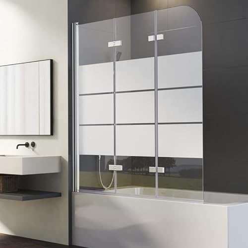 Duschwand für Badewanne 140x140 cm 3-teilig Glas Faltbar Duschtrennwand, Gestreift Badewannenwand Duschwand für Badewanne aus 6mm ESG Sicherheitsglas, 140cm Streifen Glas Faltwand von Goezes