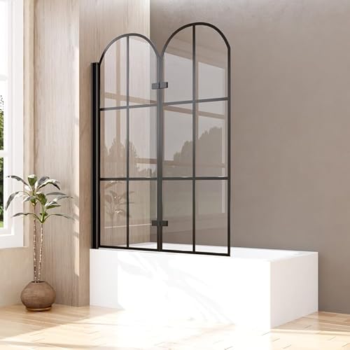 Duschwand für Badewanne 2-teilig 120 x 140 cm Faltbar Badewannenfaltwand, 120cm Glas Badewannenaufsatz mit 6mm ESG Sicherheitsglas, Gewölbter Schwarzer Badewannen Duschwand von Goezes
