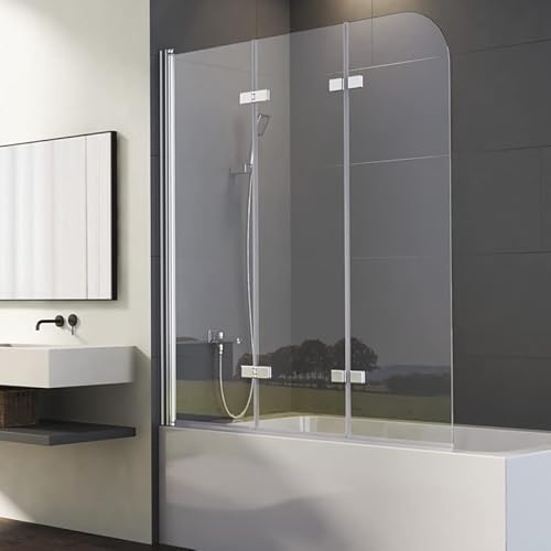 Duschwand für Badewanne 3-teilig 130x140cm Silber Dreifaltigkeitstür Duschtrennwand mit 6mm Nano Glas, Trennwand Faltbar Badewannenwand Sicherheitsglas Badewannenaufsatz Dusche von Goezes