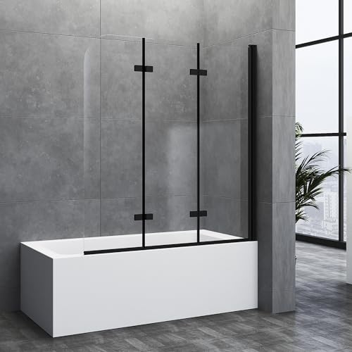 Duschwand für Badewanne 3-teilig 130x140cm Faltbar Schwarz Duschabtrennung, Glas Duschtrennwand Badewannenaufsatz aus 6mm ESG NANO Sicherheitsglas, 130cm Schwarz Duschtrennwand von Goezes