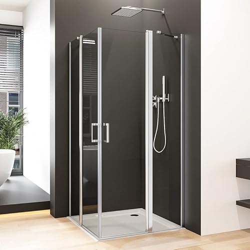 Eckeinstieg Duschkabine 90x90cm Doppel Schwingtür Duschabtrennung, Goezes 90x90cm Dusche Schwingtüren mit Teilschwenkung 5mm Nano ESG Sicherheitsglas, Glas Easy-Clean Duschkabine Höhe 185cm von Goezes