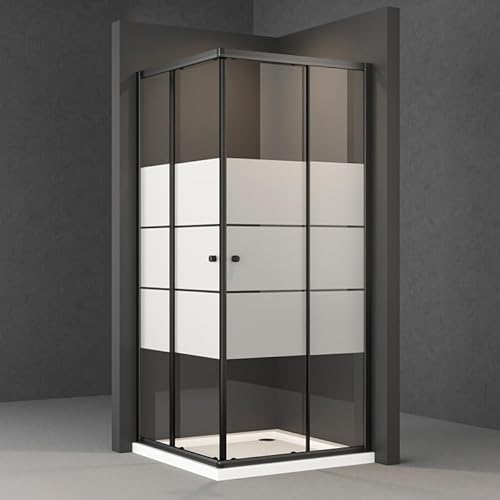 Eckeinstieg Duschkabine Schiebetür Schwarz 90x90x185cm Doppel Schiebetüren Gestreift Glas Eckeinstieg Duschabtrennung aus 5mm ESG Sicherheitsglas, Duschtür Dusche Duschwand Höhe 185cm von Goezes