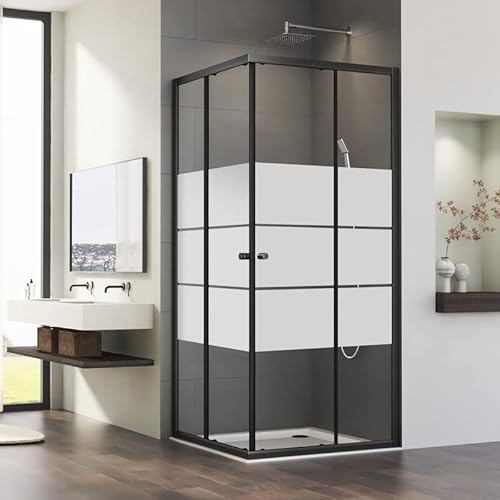 Eckeinstieg Schiebetür Duschkabine 90x90cm Schwarz Doppel Schiebetüren Gestreift Duschabtrennung mit 6mm ESG Sicherheitsglas, Mattes Schwarz Schiebetüren Duschwand Duschtür Höhe 185cm von Goezes