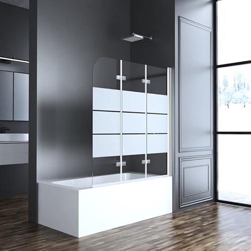 Gestreift Duschwand für Badewanne 120x140cm 3-teilig faltbar Duschtrennwand Duschabtrennung mit einem eleganten Streifenmuster verziert, 6mm ESG Glas von Goezes
