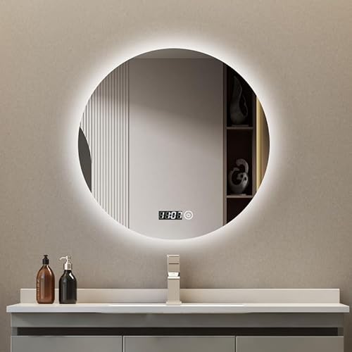 Goezes Badspiegel mit Beleuchtung 60cm LED Rund Badezimmerspiegel 3 Farben Lichtspiegel Bad Schminkspiegel, 3000-6500K Warmweiß/Kaltweiß/Neutral LED Licht, Badspiegel mit Touchschalter + DIGITAL Uhr von Goezes