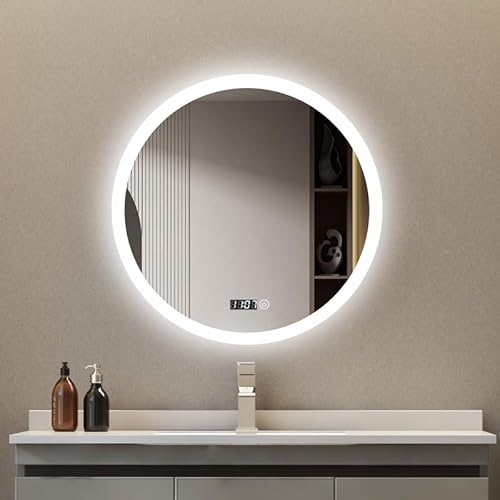 Goezes Badspiegel mit Beleuchtung 60cm LED Rund Badezimmerspiegel 3 Farben Lichtspiegel Bad Schminkspiegel, 3000-6500K Warmweiß/Kaltweiß/Neutral LED Licht, Badspiegel mit Touchschalter + DIGITAL Uhr von Goezes