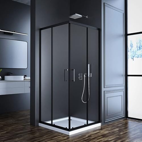 Goezes Duschkabine Eckeinstieg mit Schiebetüren 80x80x185cm Eckeinstieg Duschkabine Schwarz Duschabtrennung Dusche Duschwand 6mm ESG Glas, LINKS & RECHTS MONTIERBAR von Goezes