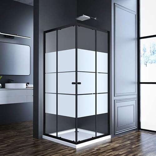 Duschkabine Eckeinstieg 90x90x185cm Schiebetür Schwarz Duschabtrennung, Goezes Gestreift Eckeinstieg Duschkabine mit Schiebetüren Dusche Duschwand aus 6mm ESG Glas, LINKS & RECHTS MONTIERBAR von Goezes