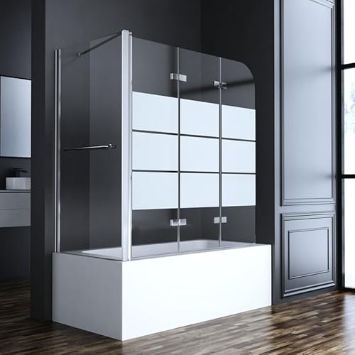 Goezes Duschwand für Badewanne mit Seitenwand 75x120x140cm Faltbar Badewannenaufsatz 3-teilig, Gestreift Glas Klappbar Duschtrennwand Duschabtrennung mit 6mm ESG Glas, Seitenwand mit Handtuchhalter von Goezes