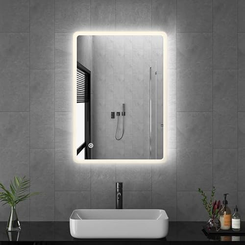 Goezes Badspiegel mit Beleuchtung 40x60cm LED Badezimmerspiegel, 60x40cm Badspiegel 3 Lichtfarbe Dimmbare 3000-6500K, Badezimmer Spiegel mit licht, Schminkspiegel mit Touchschalter von Goezes