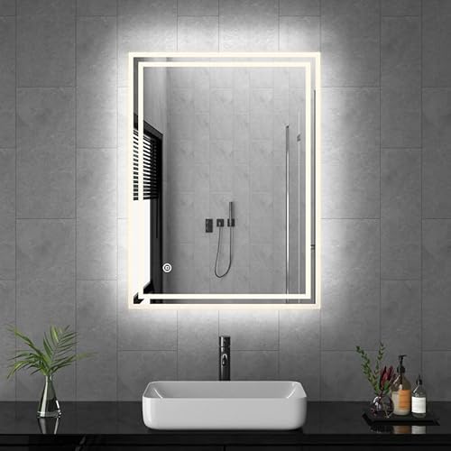 Goezes LED Badspiegel mit Beleuchtung 40x60cm Badezimmerspiegel Wandspiegel 3 Lichtfarbe Dimmbare 3000-6500K Badezimmer Rechteckiger Spiegel, Wandmontage Schminkspiegel mit Touchschalter von Goezes