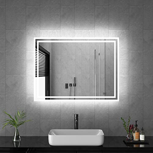 Goezes Badspiegel mit Beleuchtung 40x60cm LED Badezimmerspiegel, 60x40cm Rechteckiger Lichtspiegel Kaltweiß 6500K LED Badezimmer Wandspiegel, Wandmontage Spiegel Schminkspiegel von Goezes