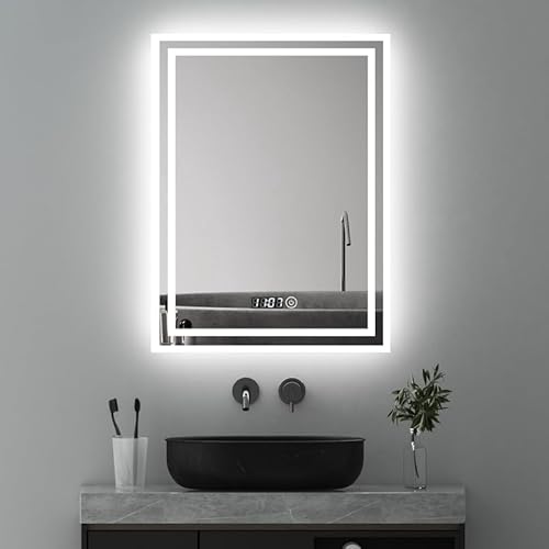 Goezes LED Badspiegel mit Beleuchtung 50x70cm Badezimmerspiegel 3 Lichtfarbe 3000-6500K kaltweiß Neutral Warmweiß LED Bad Spiegel mit Beleuchtet, Lichtspiegel Schminkspiegel mit Touchschalter + Uhr von Goezes