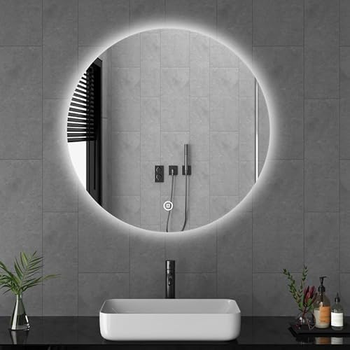 Goezes LED Badspiegel mit Beleuchtung 60cm Rund Badezimmerspiegel Wandspiegel 3 Lichtfarbe Dimmbare 3000-6500K Rund Badezimmer Spiegel, Wandmontage Schminkspiegel mit Touchschalter von Goezes