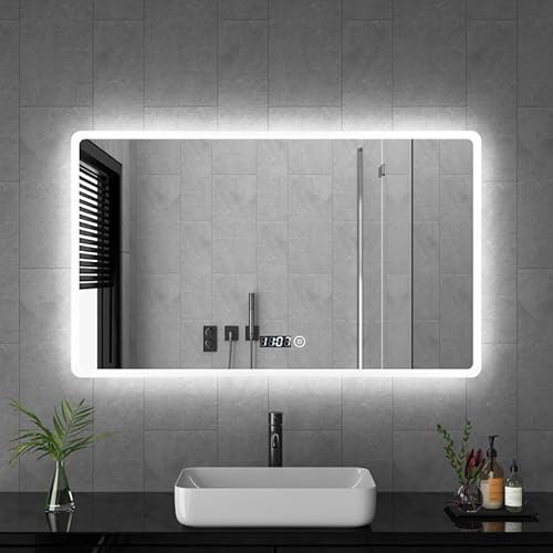 Goezes LED Badspiegel mit Beleuchtung 60x100cm Badezimmerspiegel Wandspiegel 3 Lichtfarbe Dimmbare 3000-6500K Rechteckiger Badezimmer Spiegel, Wandmontage Schminkspiegel mit Touchschalter+Uhr von Goezes