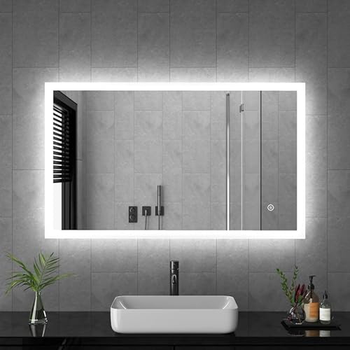 Goezes Badspiegel mit Beleuchtung 60x100cm LED Badezimmerspiegel, Lichtspiegel 3 Lichtfarbe Dimmbare 3000-6500K Kaltweiß Warmweiß, LED Badspiegel mit Beleuchtet, Schminkspiegel mit Touchschalter von Goezes