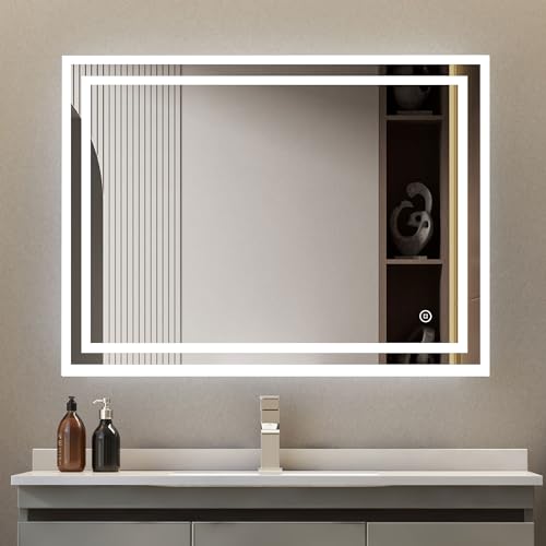 Goezes LED Badspiegel mit Beleuchtung 60x80cm Badezimmerspiegel Dimmbarer 3 Farben, Schminkspiegel mit Licht, Badezimmer Lichtspiegel mit Touchschalter, Warmweiß/Kaltweiß/Neutral 3000-6500K von Goezes