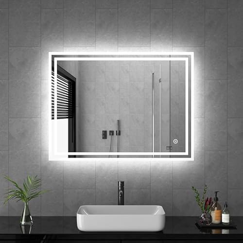 Goezes LED Badspiegel mit Beleuchtung 60x80cm Badezimmerspiegel Wandspiegel 3 Lichtfarbe Dimmbare 3000-6500K Rechteckiger Badezimmer Spiegel, Wandmontage Schminkspiegel mit Touchschalter von Goezes