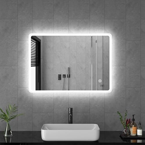 Goezes LED Badspiegel mit Beleuchtung 60x80cm Lichtspiegel Badezimmerspiegel 3 Lichtfarbe Dimmbare 3000-6500K Kaltweiß Warmweiß LED Bad Spiegel mit Beleuchtet, Schminkspiegel mit Touchschalter von Goezes