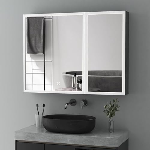 Goezes LED Spiegelschrank Bad mit Beleuchtung, Metall Badezimmerschrank mit Beleuchtung, Spiegel Kabinett mit 3-Farben Dimmbar, Glasablage Speicher Regale (60x80x12.5cm) von Goezes