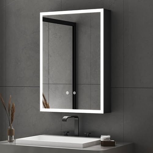 Goezes LED Spiegelschrank mit Beleuchtung Badezimmerschrank 40x60x13cm, Medizinschrank Badschrank Wandschrank mit 3-Farben Dimmbar, Defog, Hängeschrank für Badezimmer mit Doppelseitiger Spiegel von Goezes