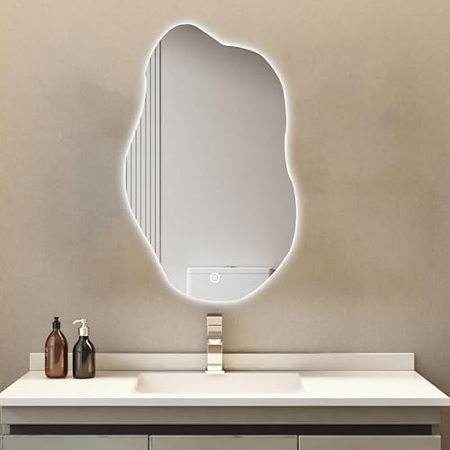 Goezes LED Unregelmäßiger Badspiegel Rahmenloser, Spiegel mit Beleuchtung 3 Lichtfarbe Dimmbare 3000-6500K, Wellen Design LED Wandspiegel zum Aufhängen, Hängespiegel mit Touch-Schalter von Goezes