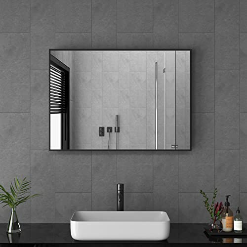 Goezes Spiegel Schwarz 50x70cm Badspiegel Badezimmerspiegel Schwarz Spiegel Metallrahmen Dekorative Badezimmer Wandspiegel für Badezimmer, Wohnzimmer, Gäste WC von Goezes