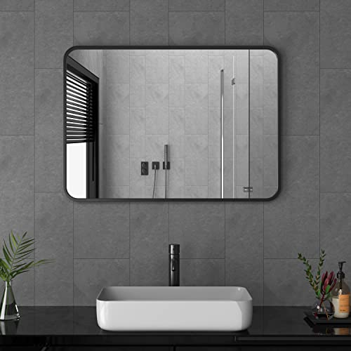 Goezes Spiegel Schwarz Badezimmerspiegel 40x60cm Schwarz Rechteckiger Metallrahmen Badspiegel Morden Dekorative Wandspiegel für Waschraum, Waschräume, Schlafzimmer, ohne LED von Goezes