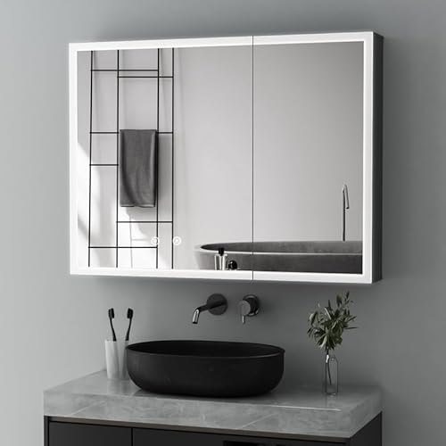 Goezes Spiegelschrank mit Beleuchtung LED Medizinschrank 60x80x12.5cm, Badezimmerschrank Badschrank mit 3-Farben Dimmbar, Defog, Hängeschrank Wandschrank für Badezimmer mit Doppelseitiger Spiegel von Goezes