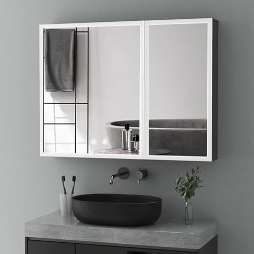 Goezes Spiegelschrank mit Beleuchtung LED Medizinschrank 60x80x12.5cm, Badezimmerschrank Badschrank mit 3-Farben Dimmbar, Defog, Hängeschrank Wandschrank für Badezimmer mit Doppelseitiger Spiegel von Goezes