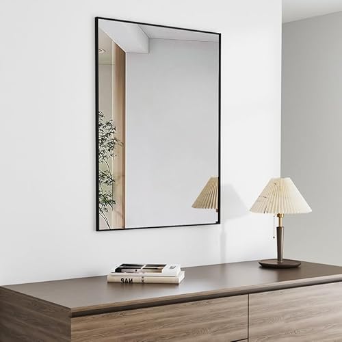 Goezes Wandspiegel 40 x 60 cm rechteckig Schwarz Spiegel, 60x40cm Wandspiegel mit Schwarz Rahmen Badspiegel Schminkspiegel, ideal für Badezimmer, Waschraum, Schlafzimmer, Wohnzimmer von Goezes