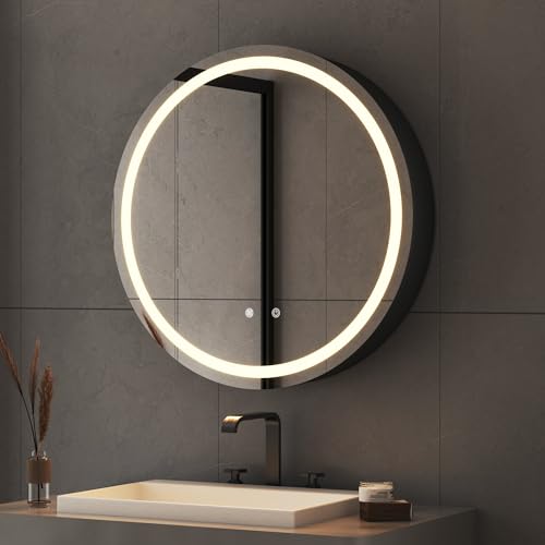 LED Spiegelschrank mit Beleuchtung Rund Badezimmerschrank, Medizinschrank mit 3-Farben Dimmbar, Steckdose, Defog, Badschrank Wandschrank Gäste WC, Hängeschrank für Badezimmer (80x13.5cm) von Goezes