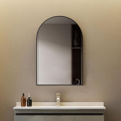 Schwarz Spiegel 50x70cm Halbrund Wandspiegel, dekorativer HD Badspiegel mit Schwarz Metallrahmen 70x50cm Schwarzer Spiegel für Badezimmer, Schlafzimmer, Wohnzimmer, Gäste WC von Goezes
