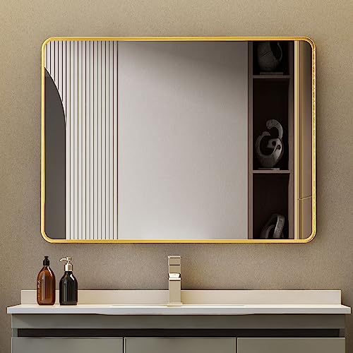 Spiegel Gold groß Wandspiegel 60x80cm Rechteckiger Metallrahmen Badspiegel Badezimmer Abgerundete Ecken Badezimmerspiegel Wandmontage Schminkspiegel für Badezimmer, Schlafzimmer, Wohnzimmer von Goezes