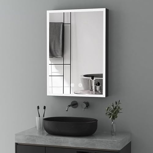 Spiegelschrank mit Beleuchtung LED Medizinschrank 40x60x13cm, Badezimmerschrank Badschrank mit Steckdose, 3-Farben Dimmbar, Defog, Hängeschrank Wandschrank für Badezimmer mit Doppelseitiger Spiegel von Goezes
