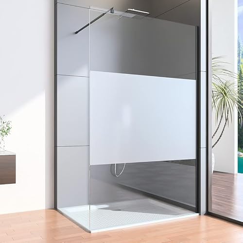 Walk in Duschwand 100x190cm Dusche Gestreift Glas Walk-in Duschabtrennung, Begehbare Duschtrennwand mit 8mm ESG Sicherheitsglas, Schwarz Seitenwand mit Einziehbar Stretchable Stabilisator Haltestange von Goezes