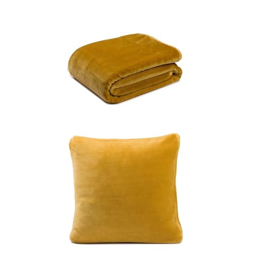 Gözze Premium Cashmere-Feeling Decke und 2er Set Cashmere-Feeling Kissen, 130x170 cm + 50x50 cm, Farbe: senf von Gözze