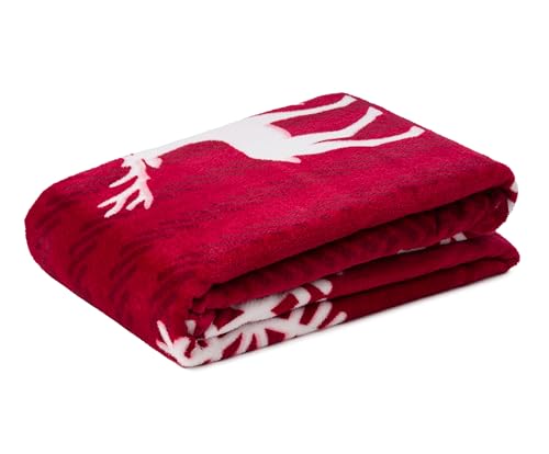 Gözze - Wohndecke Scandic, Kuscheldecke mit winterlichem Rentier-Design, Sofadecke aus Mikrofaser, 150 x 200 cm - Rot von Gözze