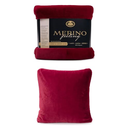 Gözze Wendewohndecke Merino und 2er Set Merino-Kissenhülle, 150x200 cm + 50x50 cm, Farbe: Karminrot von Gözze