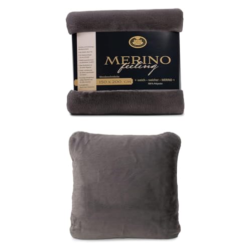 Gözze Wendewohndecke Merino und 2er Set Merino-Kissenhülle, 150x200 cm + 50x50 cm, Farbe: anthrazit von Gözze