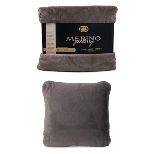 Gözze Wendewohndecke Merino und 2er Set Merino-Kissenhülle, 180x220 cm + 50x50 cm, Farbe: anthrazit von Gözze