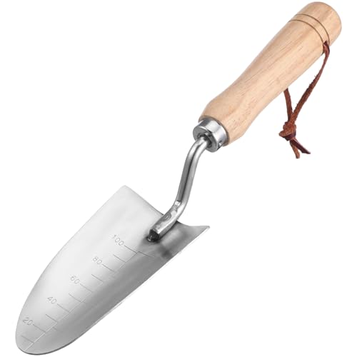 Gogogmee Edelstahl Gartenspaten mit Holzstiel Spitz Zulaufende Gartenschaufel mit Maßskala Vielseitig für Pflanzen Umgraben und Beetpflege Robustes Gartenschaufel Handgerät für Präzises von Gogogmee