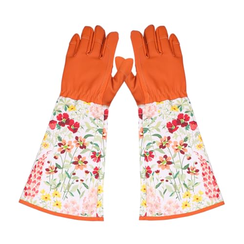 Gogogmee Gartenhandschuhe mit Extra Langem Stulpen Atmungsaktiv Strapazierfähig und Flexibel Schützend für Gartenarbeit und Handwerk Braune Druckhandschuhe für Sicheren Griff von Gogogmee