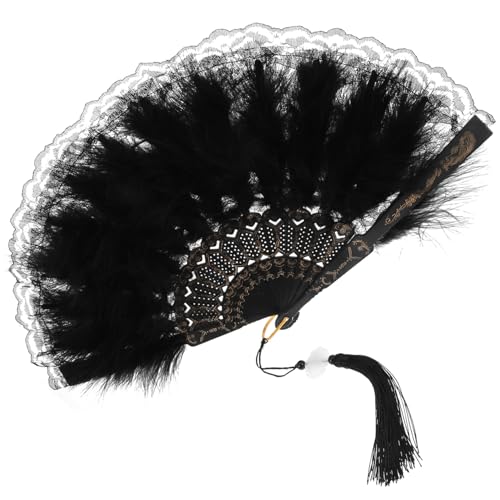 Gogogmee Vintage Handfächer aus Schwarzer Spitze mit Federn und Dekorativ Handlicher Tanz Fotorequisit Leichter Retro-handfächer für Sommer Bühnengebrauch von Gogogmee