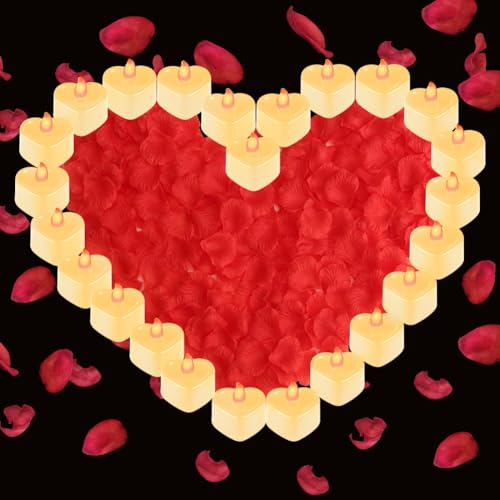Gohytal 24 Stück Herz Form LED Teelicht Kerzen, Elektrische Flammenlose Herzförmige mit 1000 Stück Rosenblätter, Romantische Liebe LED Kerzen Künstliche Blütenblätter für Valentinstag Hochzeit Deko von Gohytal