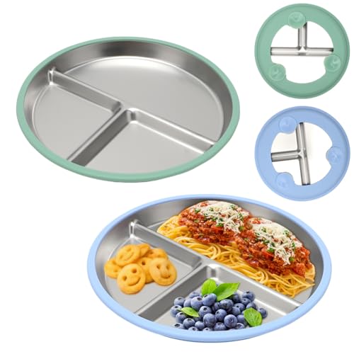 Gohytal Babyteller Mit Saugnapf, 2 Stück Edelstahl Baby Teller mit Saugnapf, Stainless Steel Toddler Plate, Kinderteller mit Entfernbarer Silikon Hülle, Kinder Geschirr Set BPA-frei, Spülmaschinenfest von Gohytal