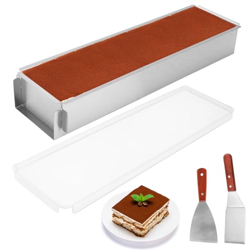 Gohytal Backform Rechteckig mit Acry Decke, Verstellbare Rechteckige Mousse-Kuchenform aus Aluminiumlegierung mit 2 Pfannenwender Kuchenform Eckig für Tortenzubereitung Toast Brote Backen von Gohytal