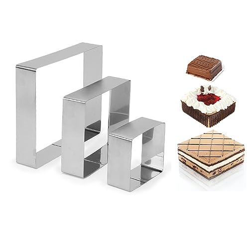 Gohytal Backrahmen Eckig, 3 Stück Kuchenform Eckig Tortenring Set Ø 10/15/20 cm Edelstahl Backform Backrahmen Eckigring Hoch 4cm für Mehrschichtige Kuchen Gebäck/Moussekuchen/Geburtstagstorte DIY von Gohytal